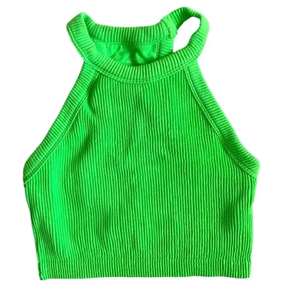Aerie Neon Green Superchill Seamless High Neck Halter Tank Top